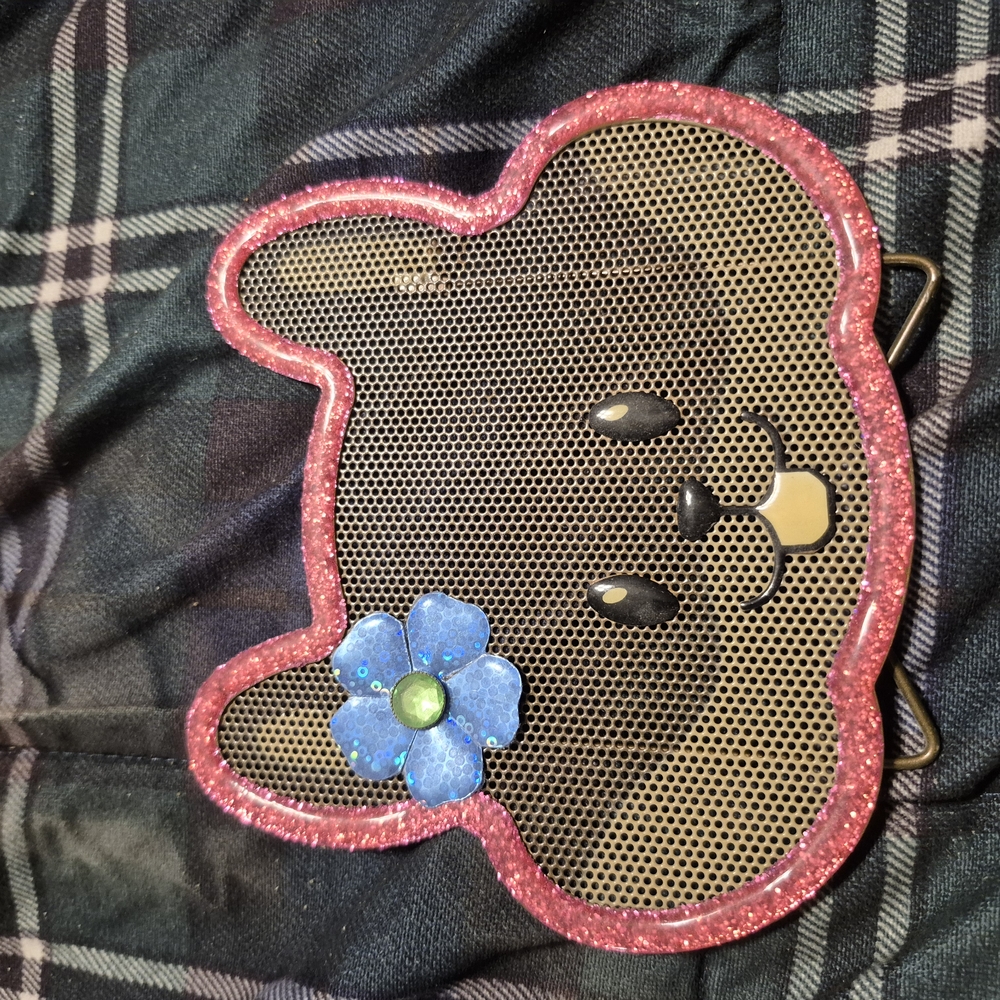 Pink Glitter Bunny-Shaped Earring Holder with Blue Flower